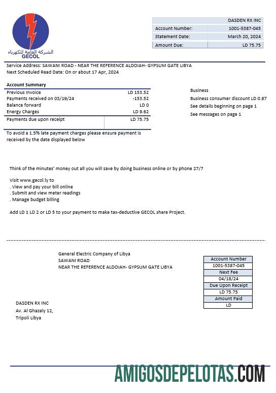 Para baixar modelo de conta de serviços públicos de eletricidade da Líbia General Electric Company em formatos Word e PDF